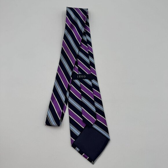 Izod Purple & Navy Striped 100% Silk Tie - Picture 3 of 5